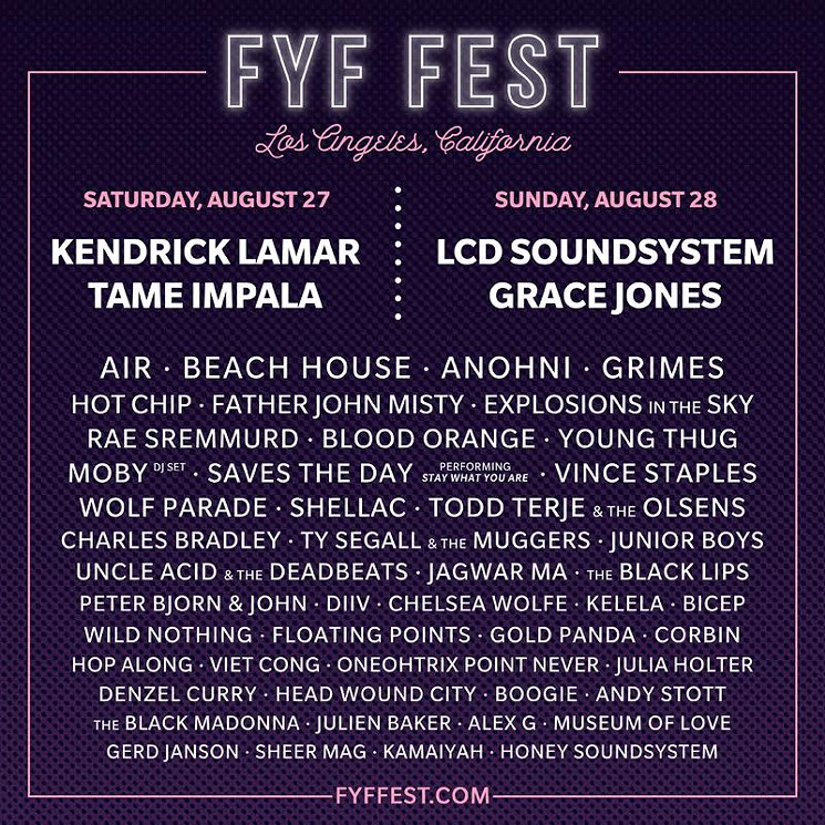 FYF 2016 announces full lineup. Artists taking part include LCD Soundsystem, Tame Impala
