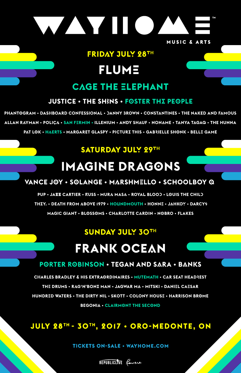 WayHome 2017 Announces Additional Acts Including Cage the Elephant, Porter Robinson, Mutemath, San Fermin and more. WayHome 2017, takes place July 28th-30th