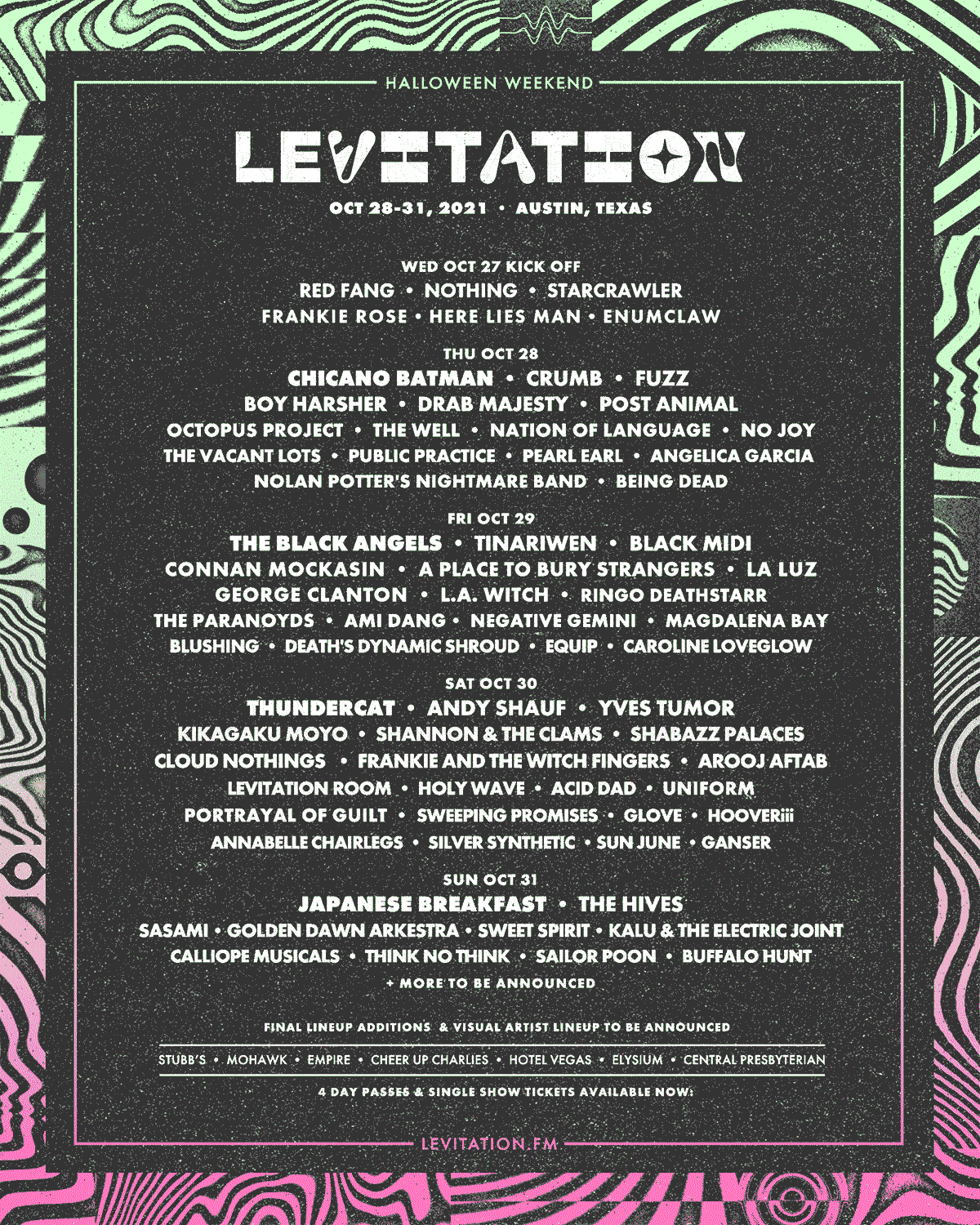 Levitation Austin, has announced it's 12th edition. The festival will take place in Austin, Texas on October 28-31, The long weekend