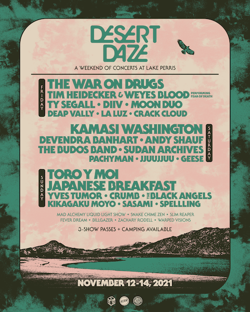 Desert Daze is returning to Lake Perris, CA for a weekend of shows from November 12 - 14, 2021. Headlining this year is The War on Drugs