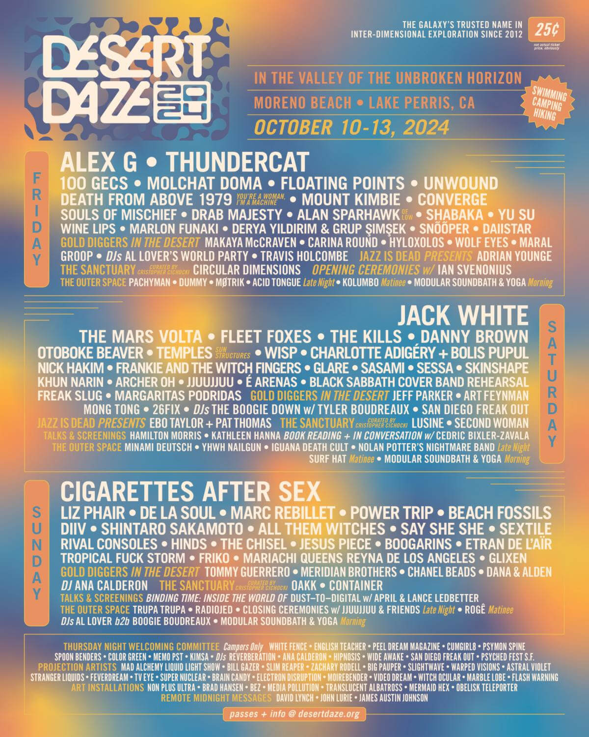 Desert Daze 2024 shares daily lineup. Bands and artists performing include Jack White, The Mars Volta, Thundercat, Fleet Foxes and many more