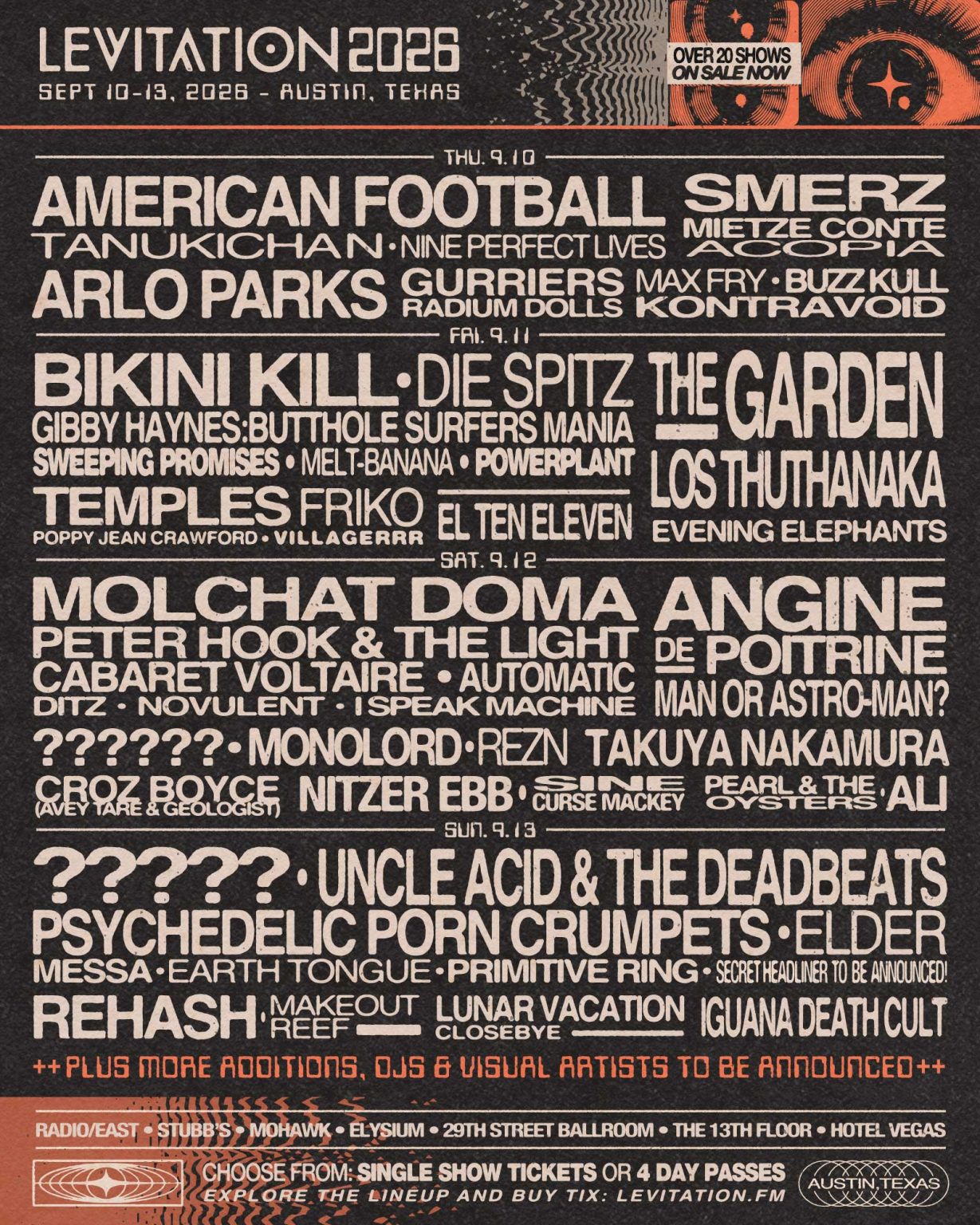 LEVITATION 2026 Announces Lineup: Bikini Kill, American Football, Peter Hook, Smerz, The Garden, Arlo Parks, Angine de Poitrine LEVITATION 2026 Announces Lineup: Bikini Kill, American Football, Peter Hook, Smerz, The Garden, Arlo Parks, Angine de Poitrine
